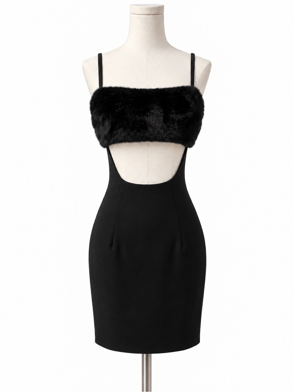 naked wardrobe Black Faux-Fur Cutout Mini Dress